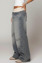 Baggy Wide-Leg Jeans Denim Blue Washed Women's Ribbed Waistband – Casual, Everyday Streetwear Style