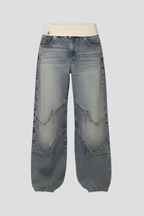 Baggy Wide-Leg Jeans Denim Blue Washed Women's Ribbed Waistband – Casual, Everyday Streetwear Style