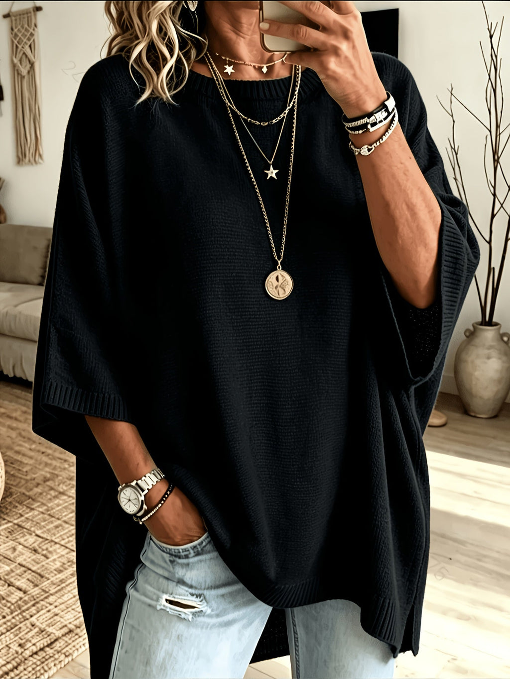 Batwing Sleeve Jumper Black Oversized Women's Knit Sweater – Casual, Autumn Layering Everyday Wear