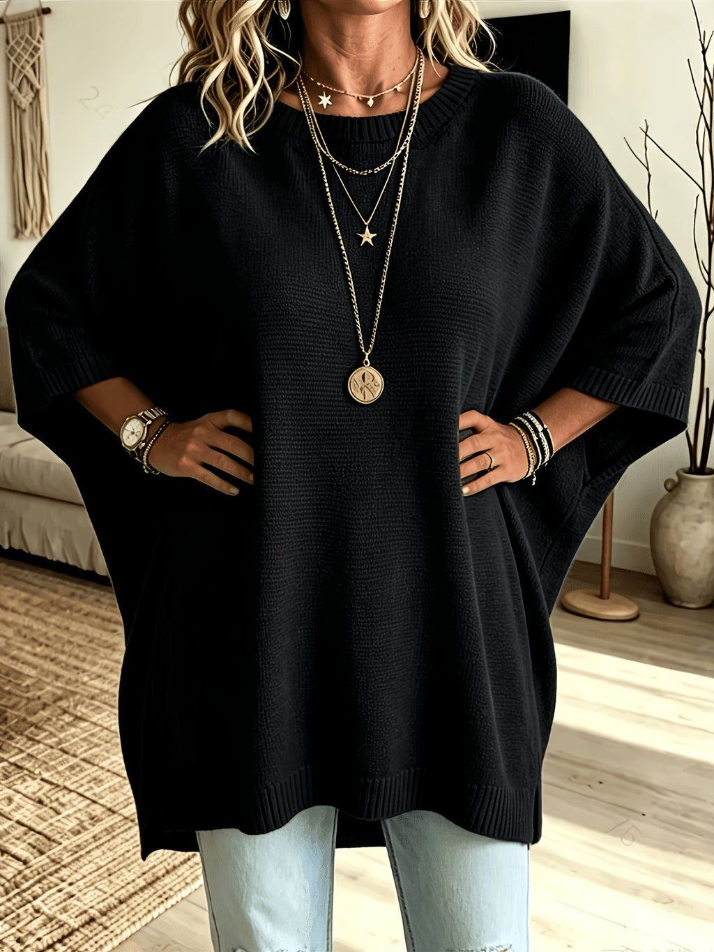 Batwing Sleeve Jumper Black Oversized Women's Knit Sweater – Casual, Autumn Layering Everyday Wear