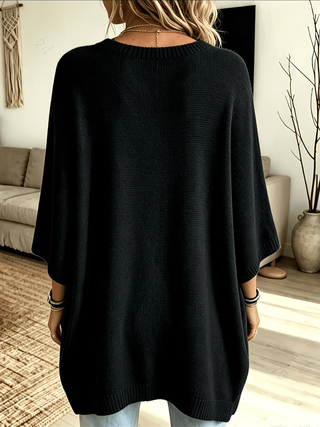 Batwing Sleeve Jumper Black Oversized Women's Knit Sweater – Casual, Autumn Layering Everyday Wear