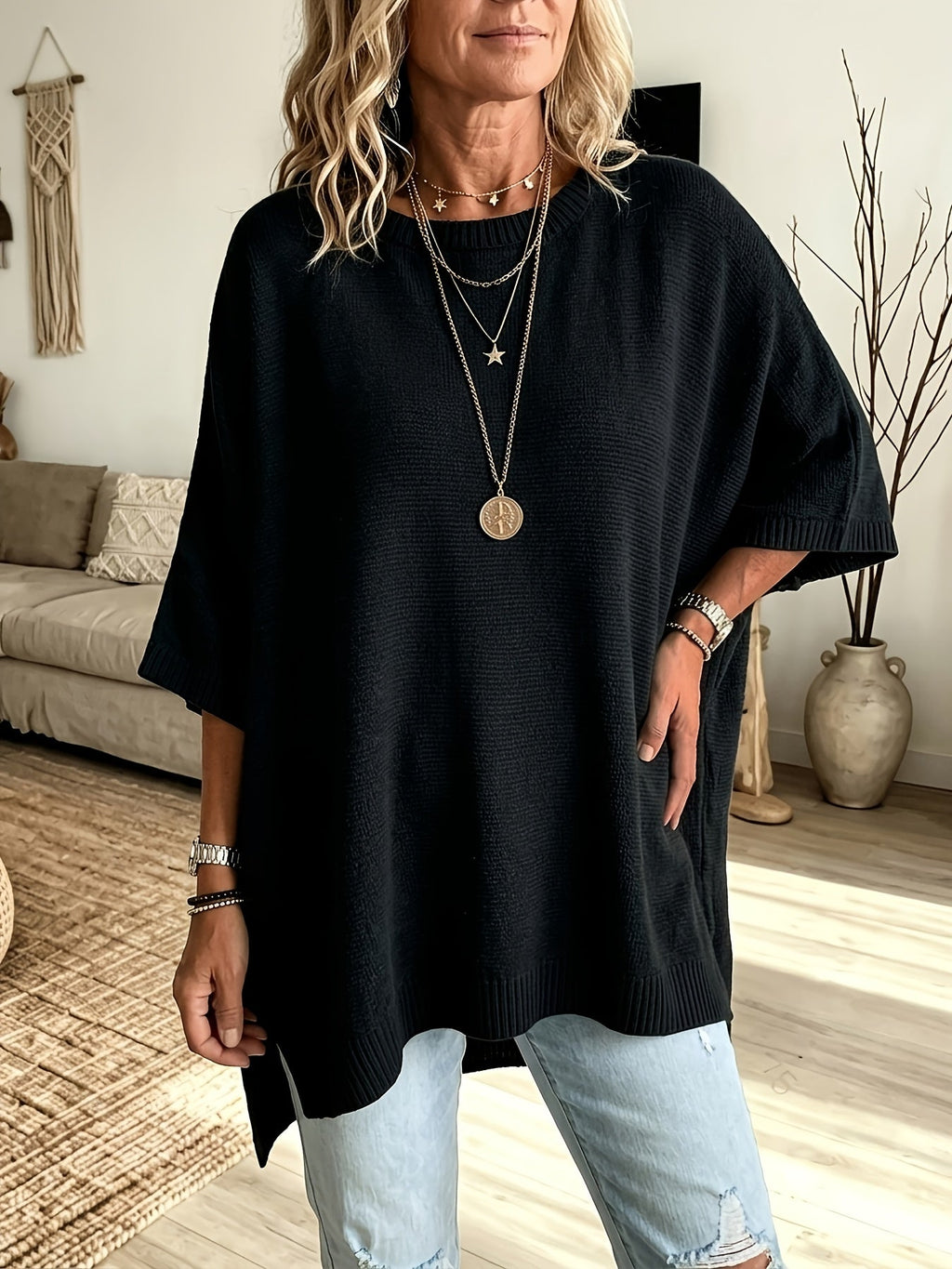 Batwing Sleeve Jumper Black Oversized Women's Knit Sweater – Casual, Autumn Layering Everyday Wear
