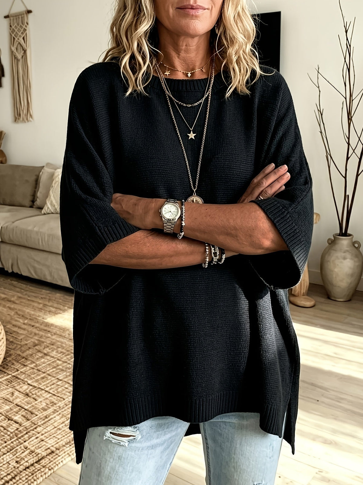 Batwing Sleeve Jumper Black Oversized Women's Knit Sweater – Casual, Autumn Layering Everyday Wear