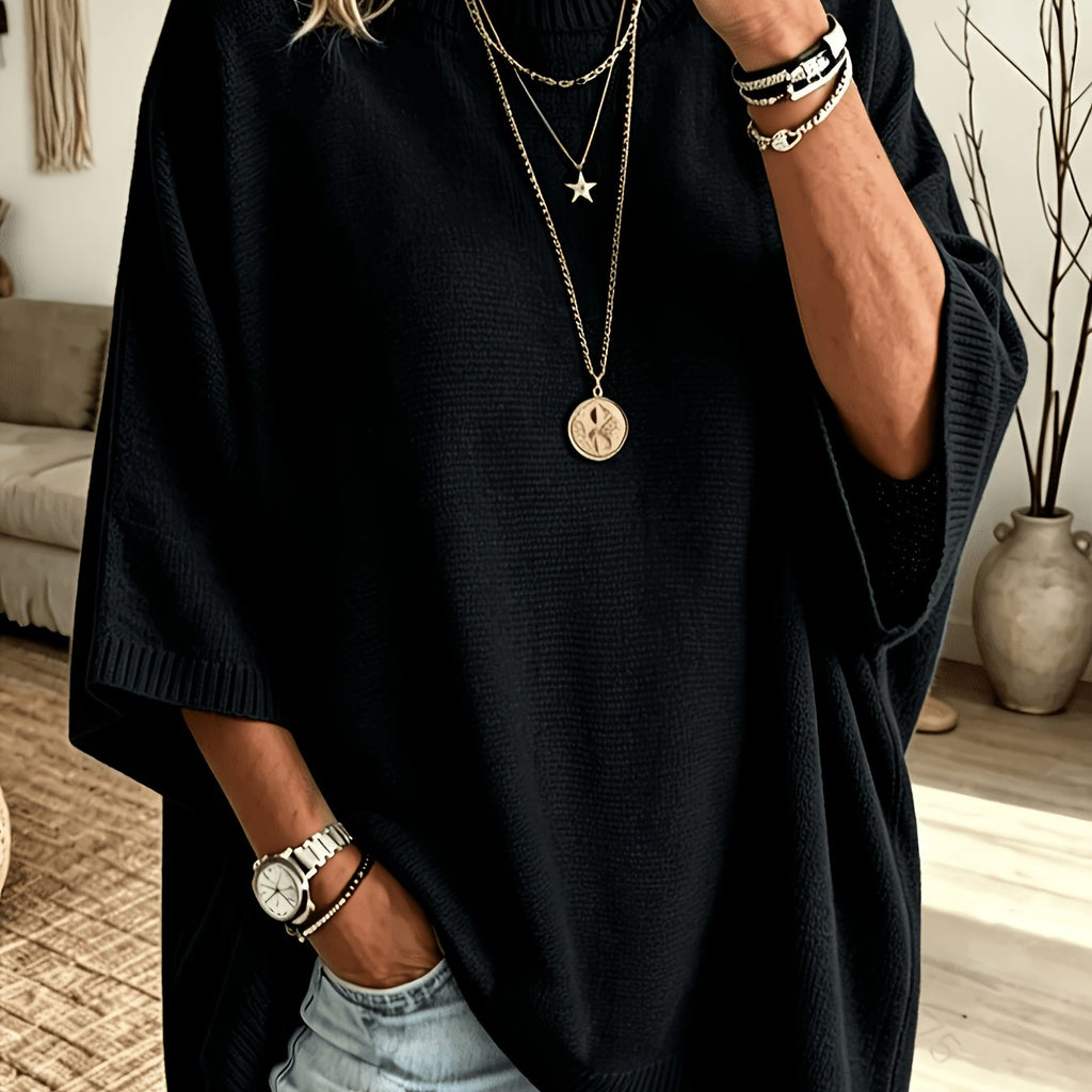Batwing Sleeve Jumper Black Oversized Women's Knit Sweater – Casual, Autumn Layering Everyday Wear