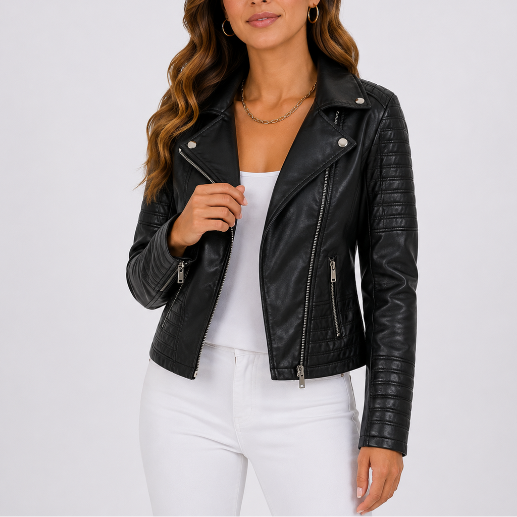 Biker Jacket Faux Leather Black Women's Quilted Zip-Up – Casual, Office Everyday Wear
