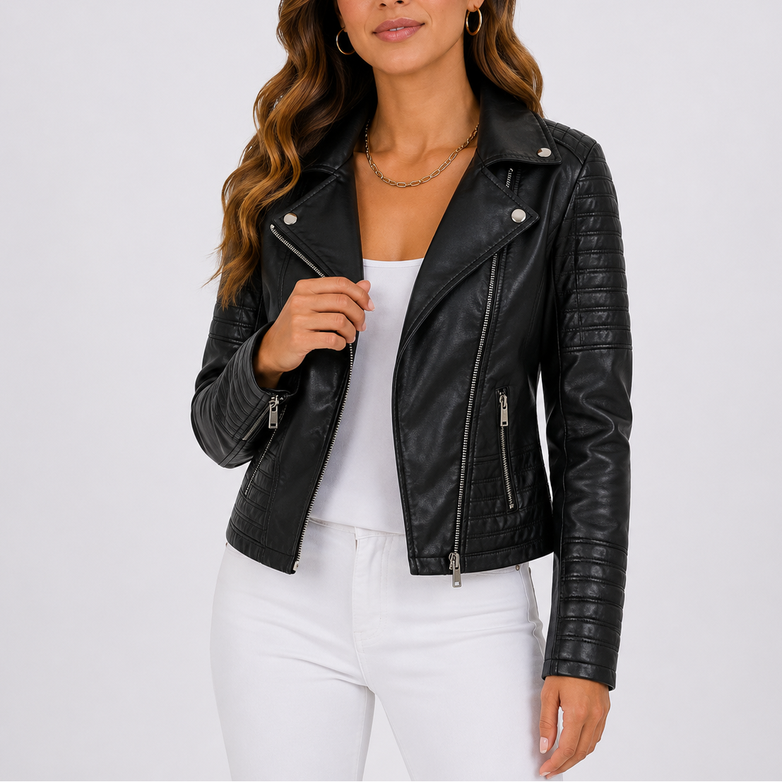 Biker Jacket Faux Leather Black Women's Quilted Zip-Up – Casual, Office Everyday Wear