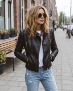 Biker Jacket Faux Leather Black Women's Zip Ribbed – Casual, Office Holiday Gift