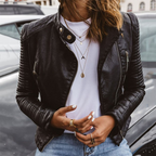 Biker Jacket Faux Leather Black Women's Zip Ribbed – Casual, Office Holiday Gift