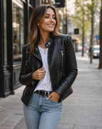 Biker Jacket Faux Leather Black Women's Zip Ribbed – Casual, Office Holiday Gift