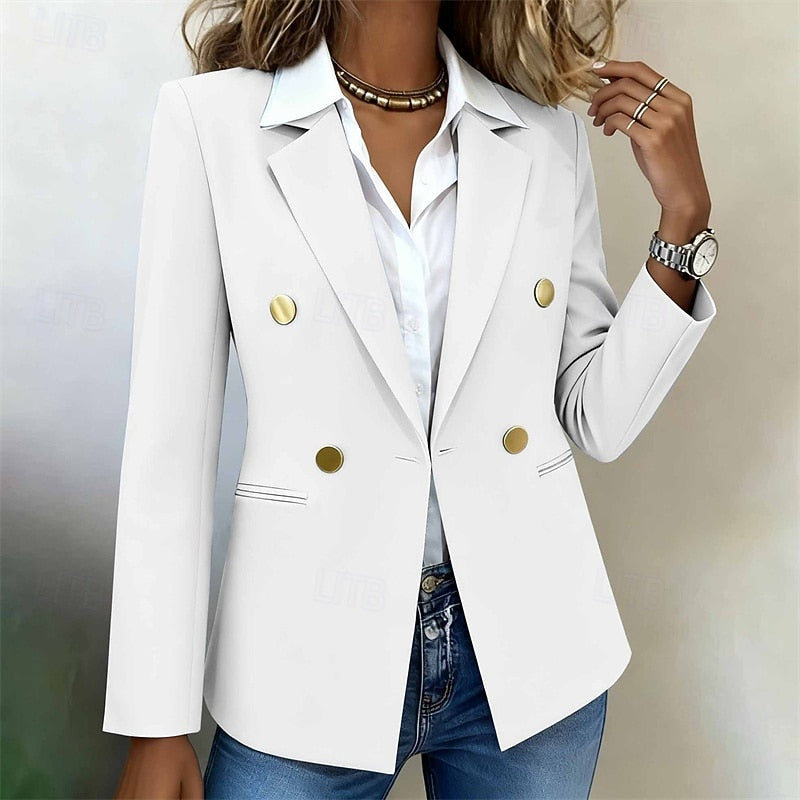 Blazer Double-Breasted Notch Lapel White Women's Long Sleeve – Office, Casual, Holiday, Gift