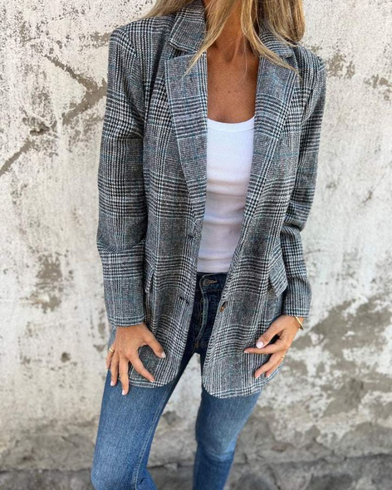 Blazer Grey Checked Notch Lapel Women's – Office, Casual, Holiday, Gift · Werune
