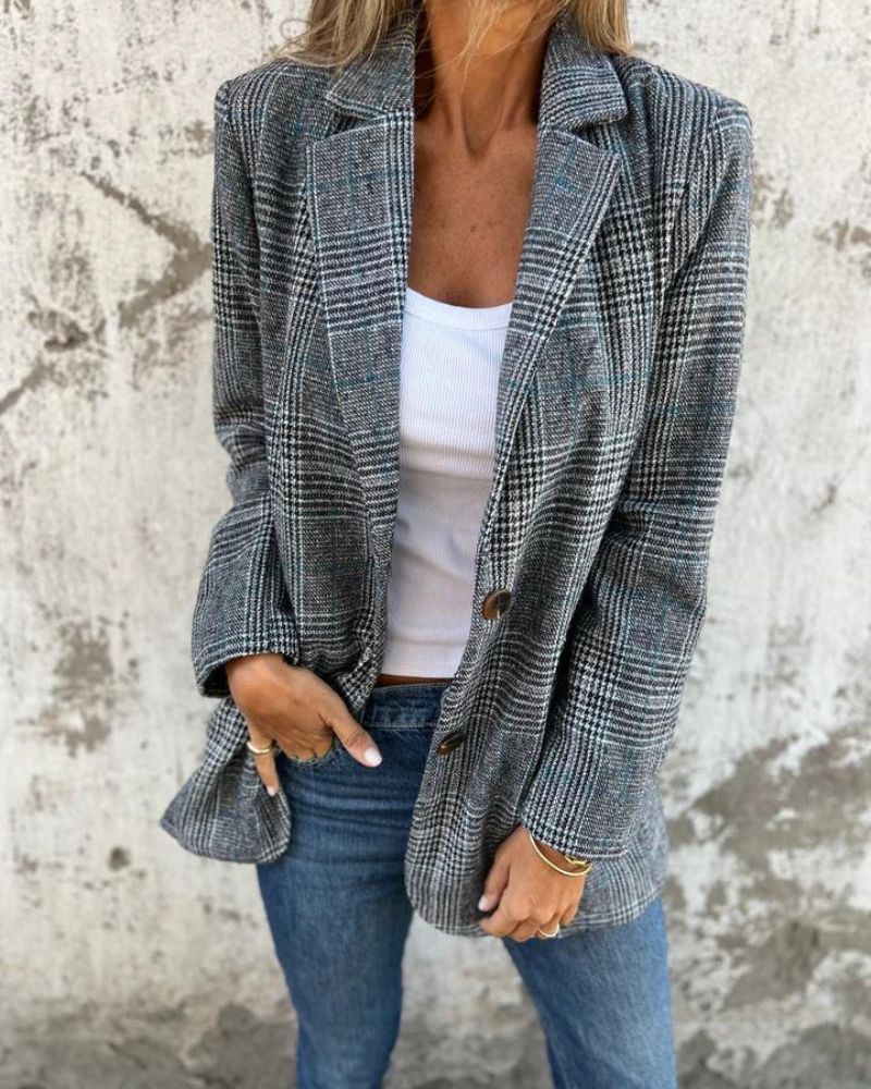 Blazer Grey Checked Notch Lapel Women's – Office, Casual, Holiday, Gift · Werune