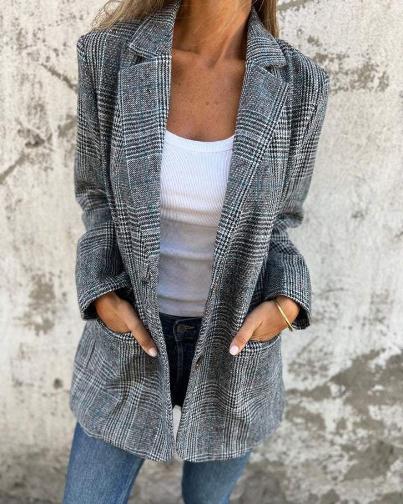 Blazer Grey Checked Notch Lapel Women's – Office, Casual, Holiday, Gift · Werune