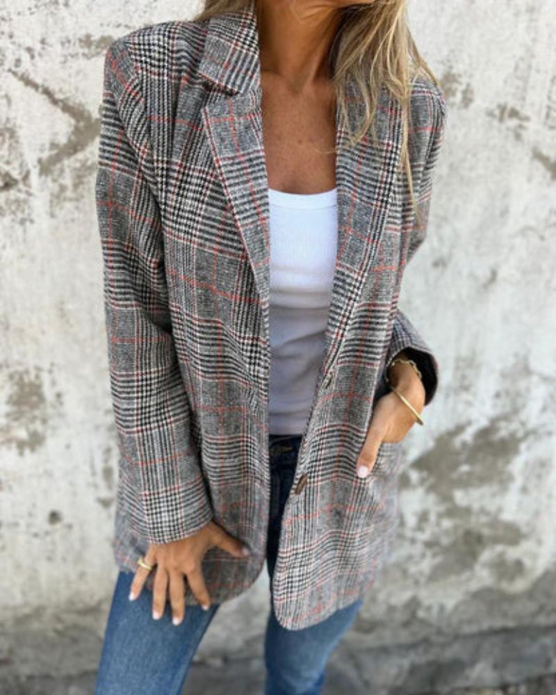 Blazer Grey Checked Notch Lapel Women's – Office, Casual, Holiday, Gift · Werune