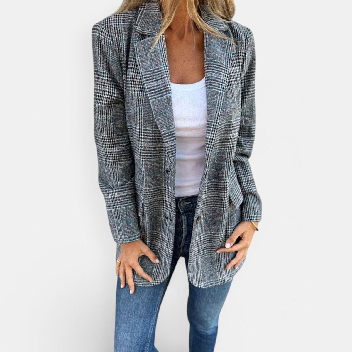 Blazer Grey Checked Notch Lapel Women's – Office, Casual, Holiday, Gift · Werune