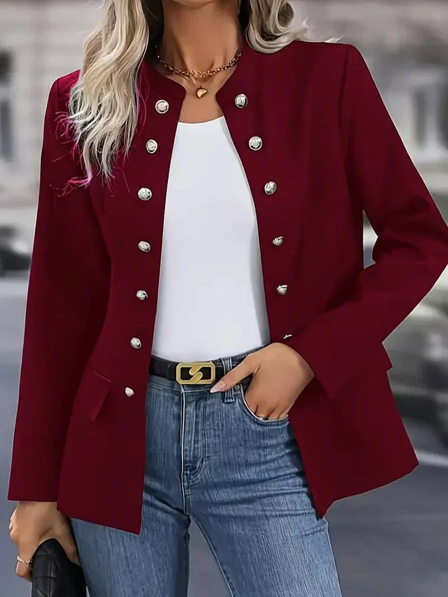 Blazer Navy Blue Long Sleeve Open Front Women's Double-Breasted Button – Office, Casual, Work, Gift