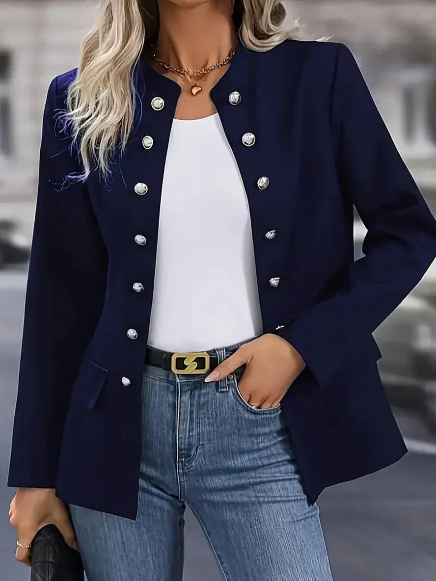 Blazer Navy Blue Long Sleeve Open Front Women's Double-Breasted Button – Office, Casual, Work, Gift
