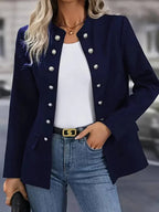 Blazer Navy Blue Long Sleeve Open Front Women's Double-Breasted Button – Office, Casual, Work, Gift