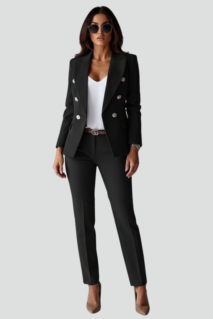 Blazer Trouser Suit Set Black Double-Breasted Women's Tailored Two-Piece – Office, Formal, Gift