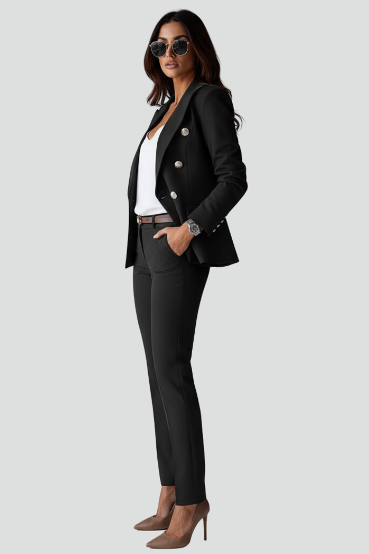 Blazer Trouser Suit Set Black Double-Breasted Women's Tailored Two-Piece – Office, Formal, Gift
