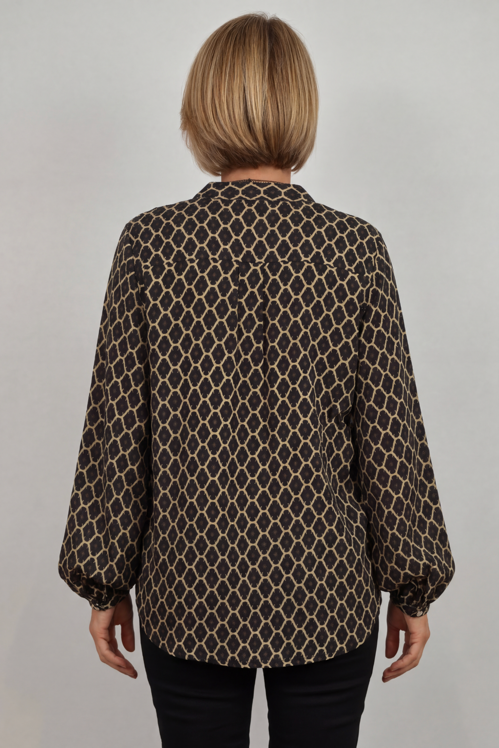 Blouse Geo Print Black Beige Women's Long Sleeve Relaxed Fit – Casual, Office, Holiday, Gift