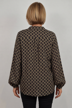 Blouse Geo Print Black Beige Women's Long Sleeve Relaxed Fit – Casual, Office, Holiday, Gift