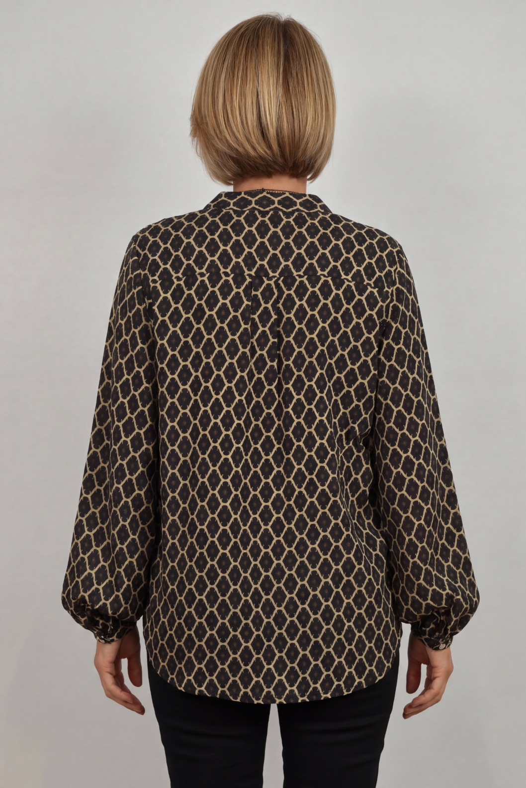 Blouse Geo Print Black Beige Women's Long Sleeve Relaxed Fit – Casual, Office, Holiday, Gift