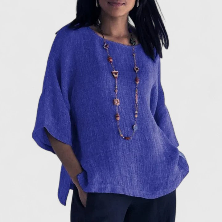 Blouse Grey Linen Women's Round Neck Half Sleeve Loose Top – Casual, Office · Werune
