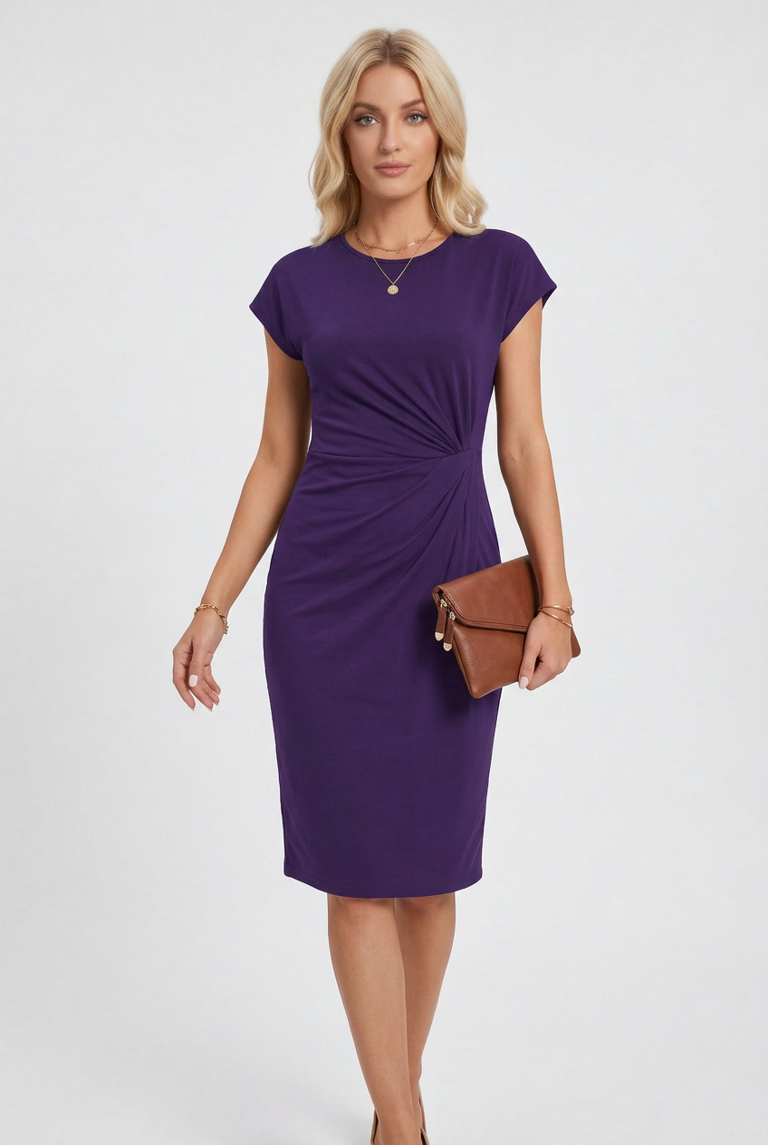Bodycon Midi Dress Black Ruched Waist Cap Sleeve Women's – Office, Holiday, Casual, Gift