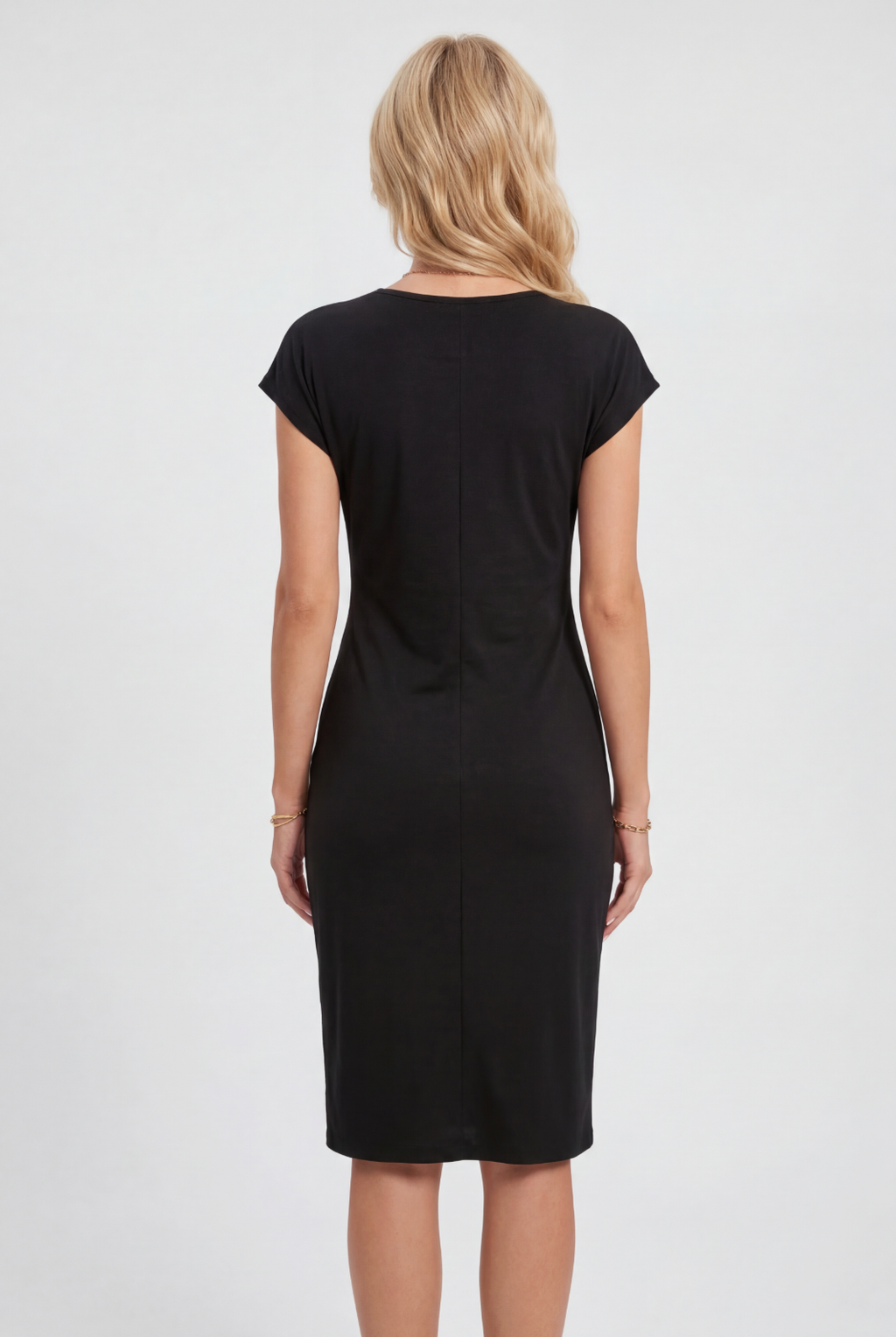 Bodycon Midi Dress Black Ruched Waist Cap Sleeve Women's – Office, Holiday, Casual, Gift