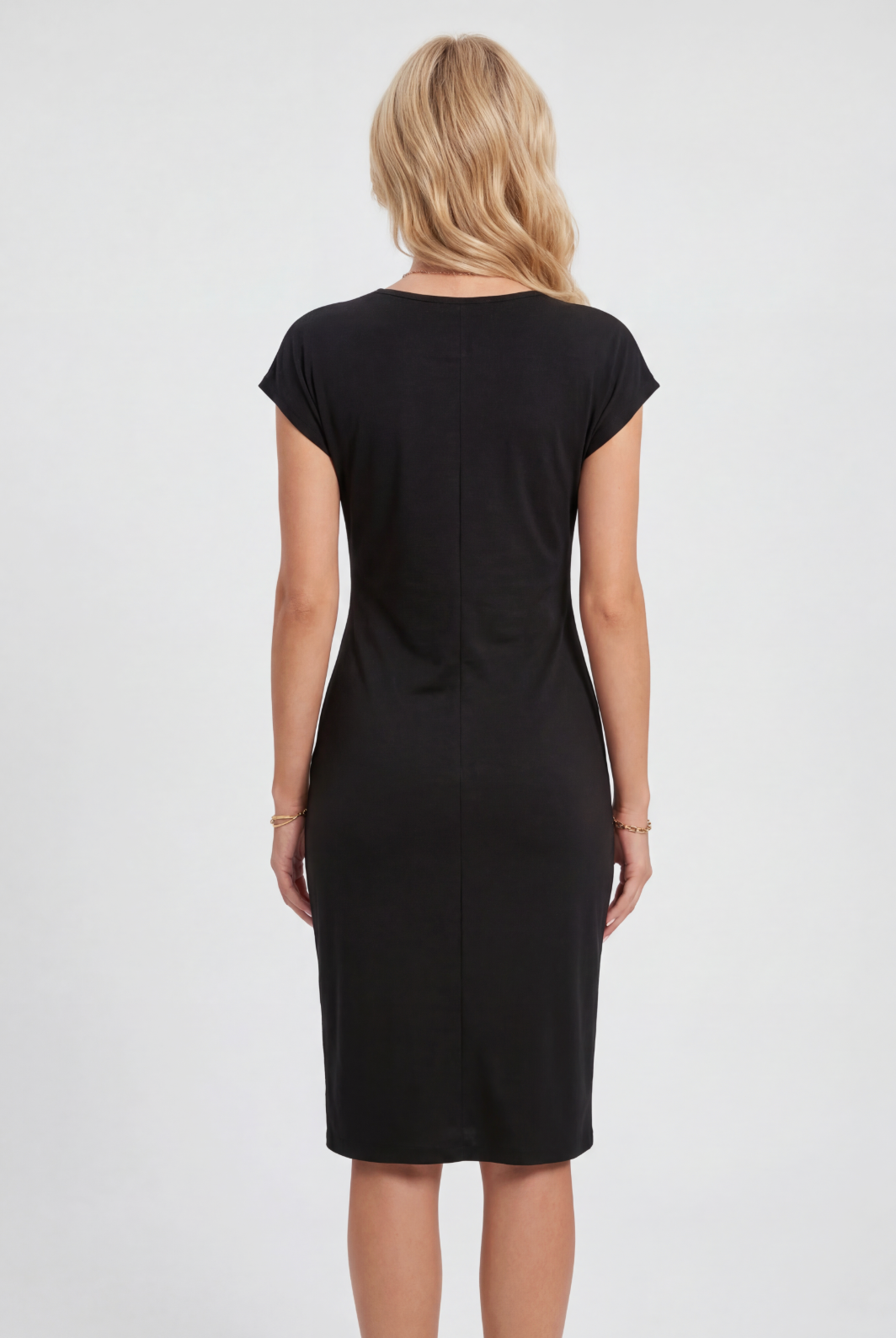 Bodycon Midi Dress Black Ruched Waist Cap Sleeve Women's – Office, Holiday, Casual, Gift