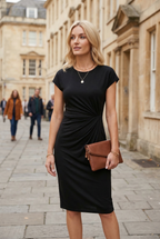 Bodycon Midi Dress Black Ruched Waist Cap Sleeve Women's – Office, Holiday, Casual, Gift
