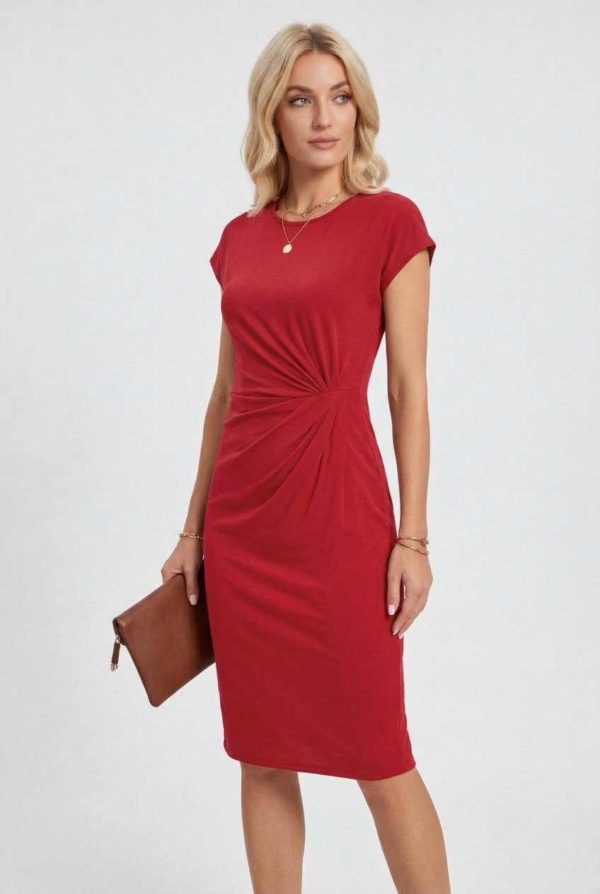 Bodycon Midi Dress Black Ruched Waist Cap Sleeve Women's – Office, Holiday, Casual, Gift