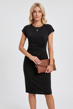 Bodycon Midi Dress Black Ruched Waist Cap Sleeve Women's – Office, Holiday, Casual, Gift