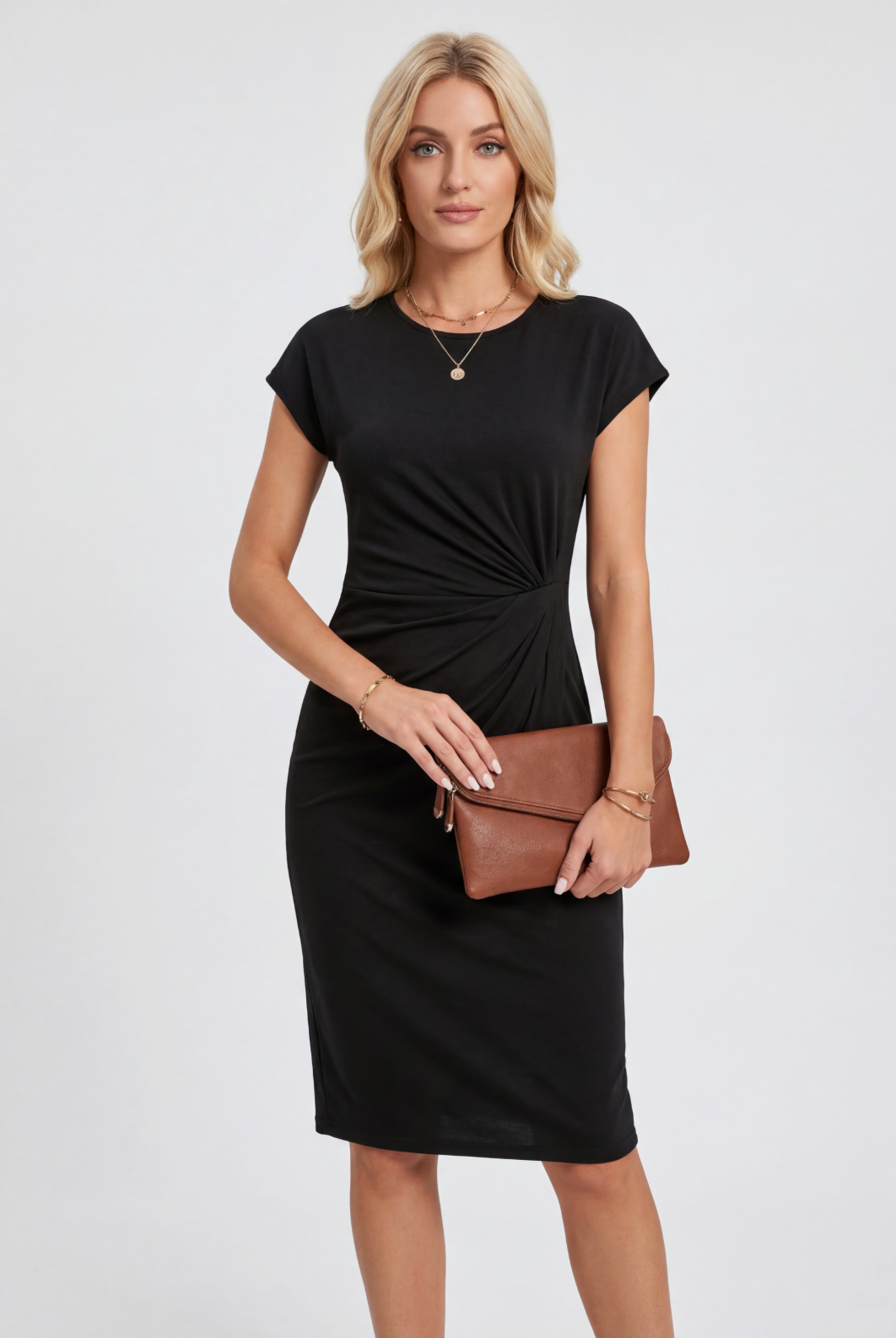 Bodycon Midi Dress Black Ruched Waist Cap Sleeve Women's – Office, Holiday, Casual, Gift