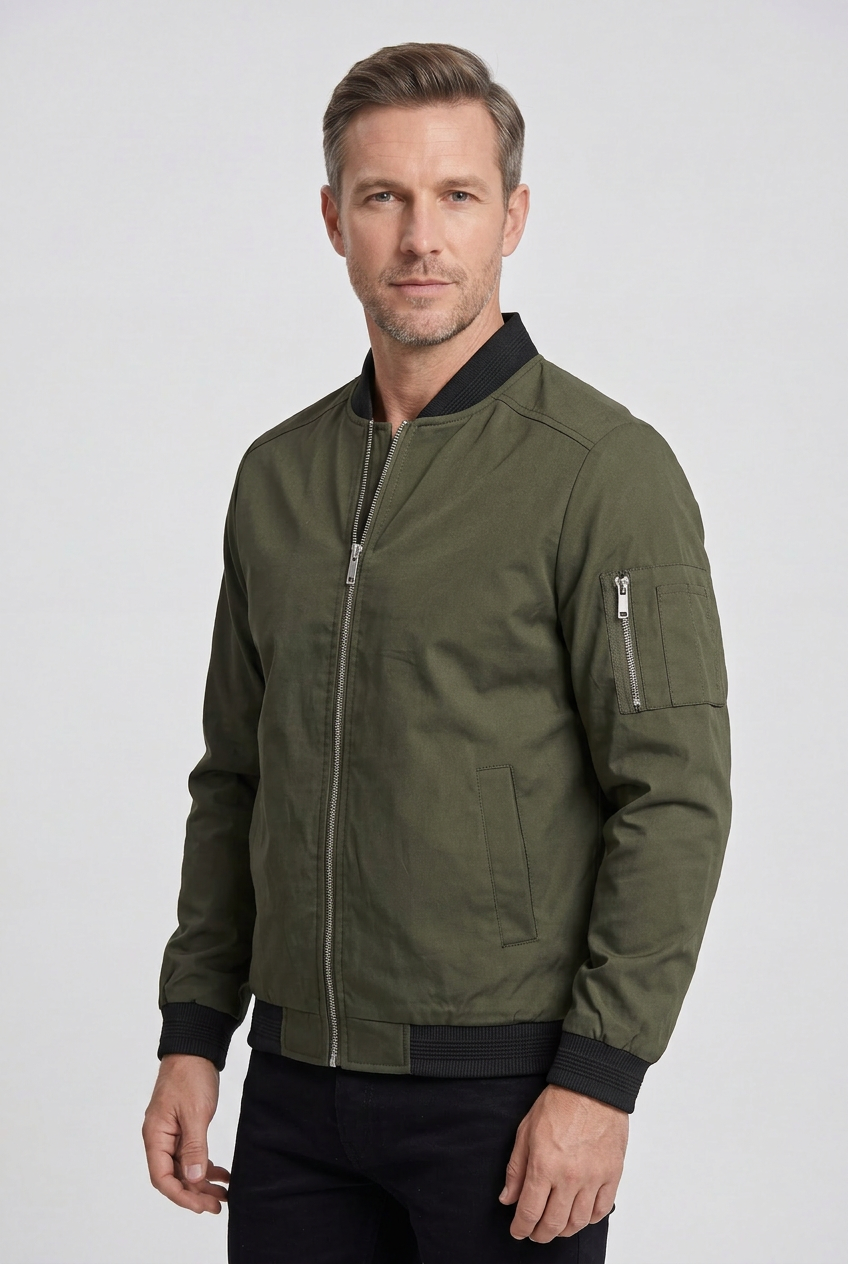 Bomber Jacket Black Men's Zip-Up with Sleeve Pocket – Casual, Office, Holiday, Gift