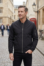 Bomber Jacket Black Men's Zip-Up with Sleeve Pocket – Casual, Office, Holiday, Gift