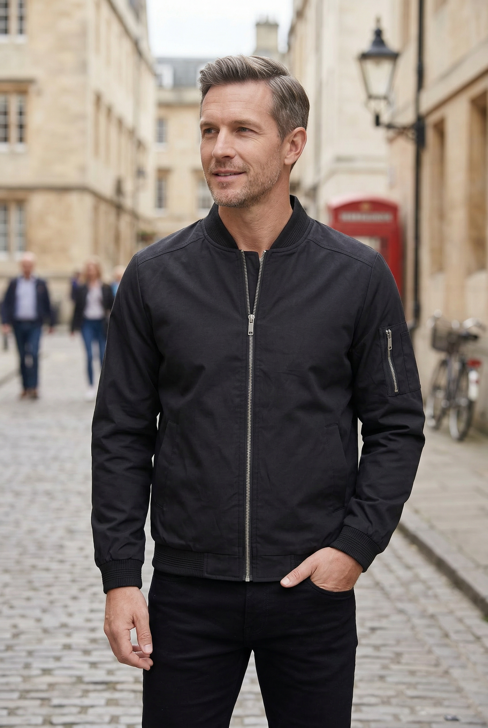 Bomber Jacket Black Men's Zip-Up with Sleeve Pocket – Casual, Office, Holiday, Gift