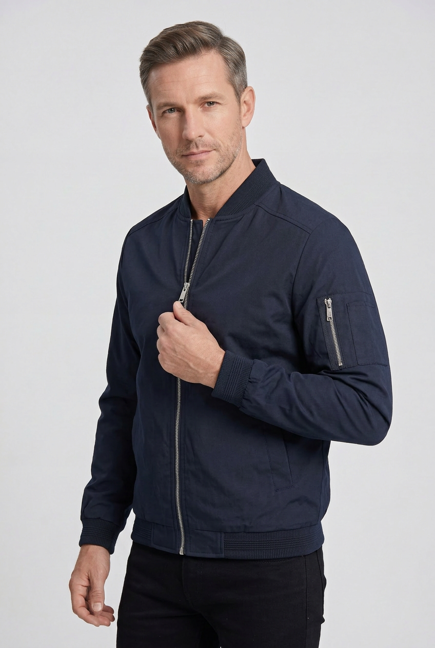 Bomber Jacket Black Men's Zip-Up with Sleeve Pocket – Casual, Office, Holiday, Gift