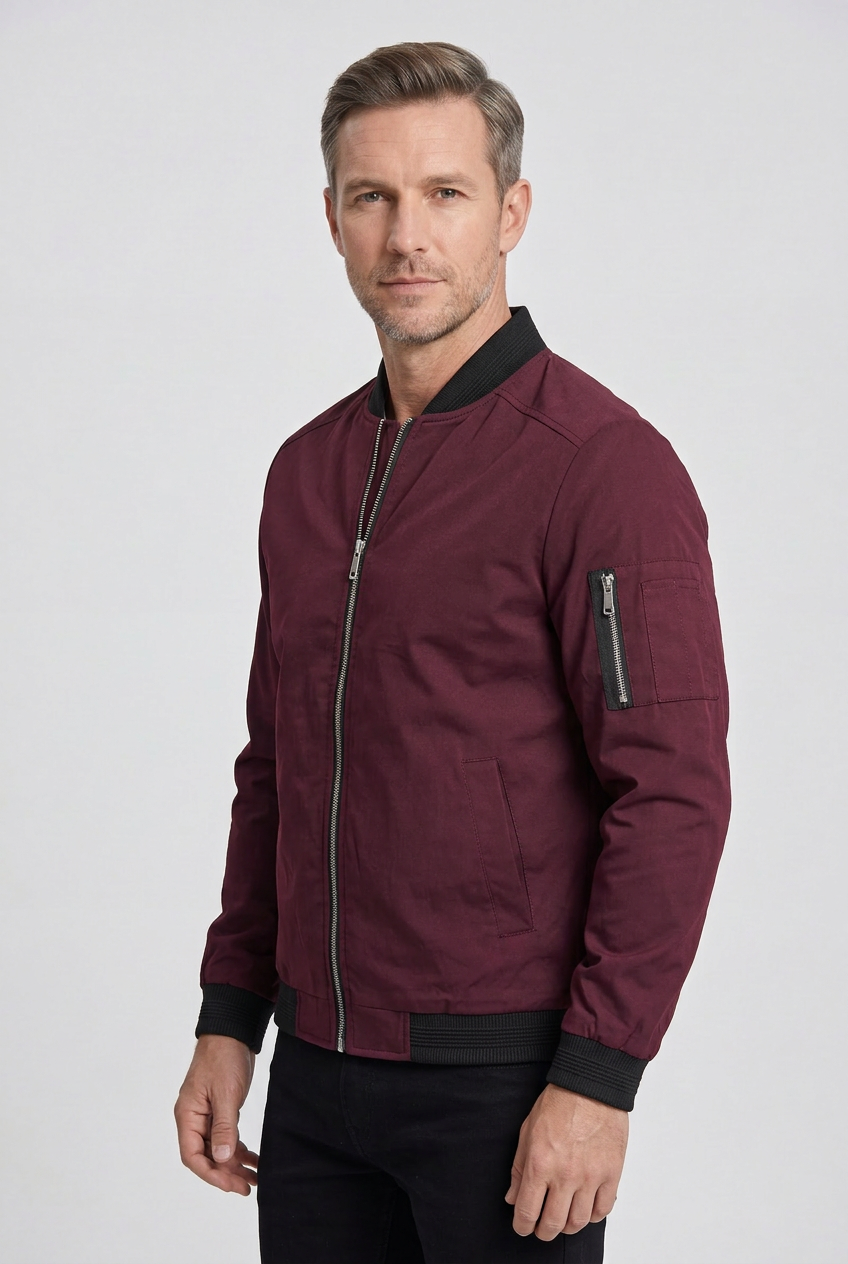 Bomber Jacket Black Men's Zip-Up with Sleeve Pocket – Casual, Office, Holiday, Gift
