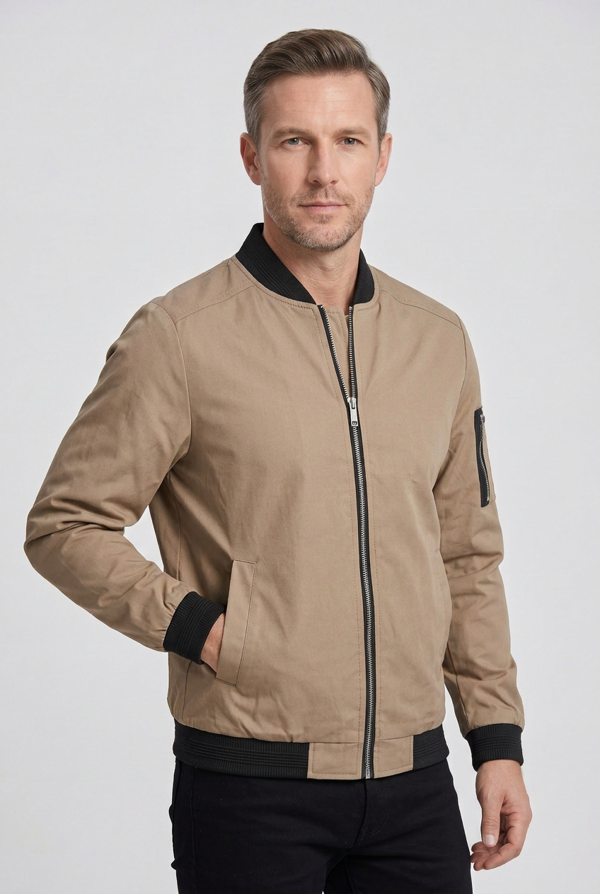 Bomber Jacket Black Men's Zip-Up with Sleeve Pocket – Casual, Office, Holiday, Gift
