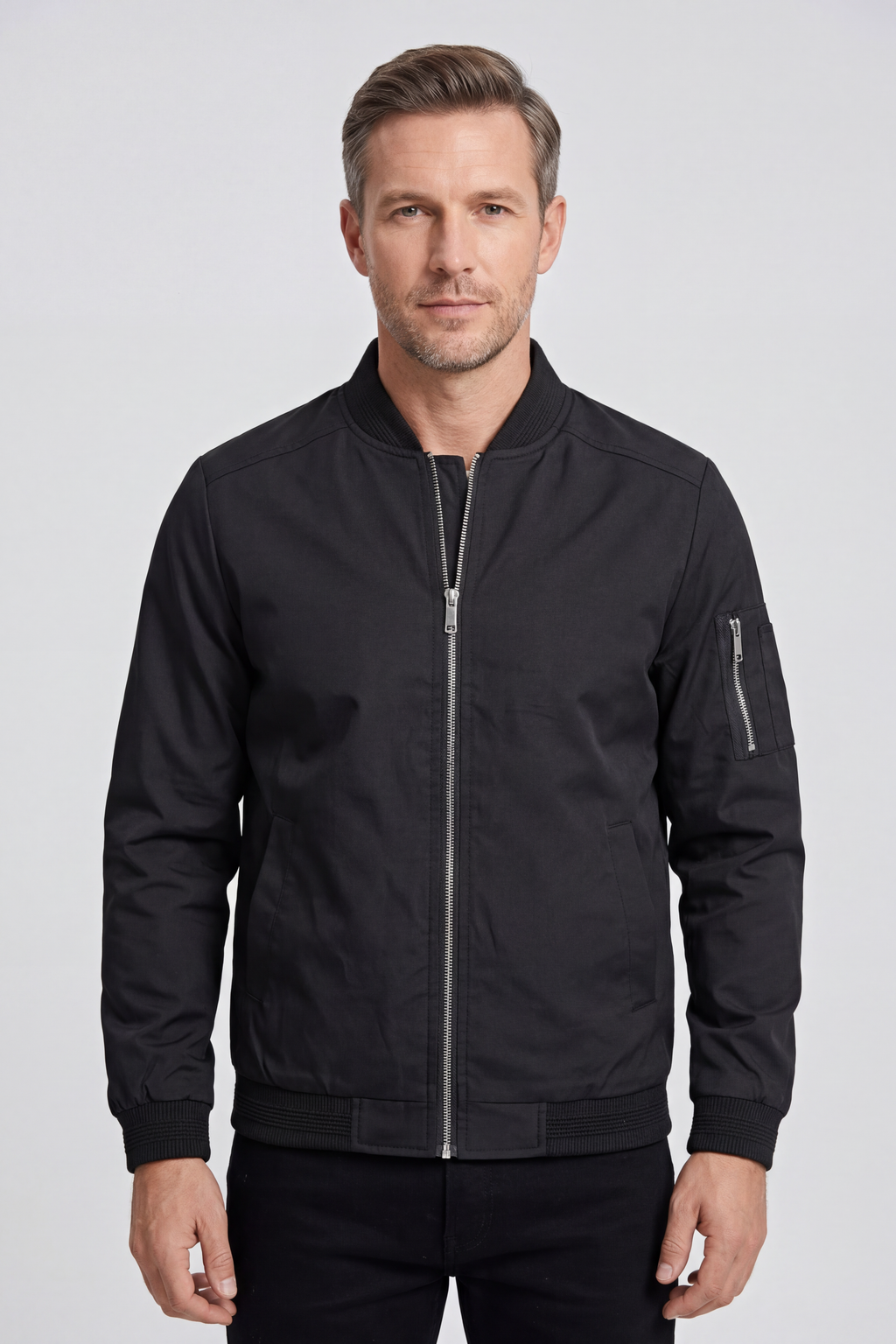 Bomber Jacket Black Men's Zip-Up with Sleeve Pocket – Casual, Office, Holiday, Gift