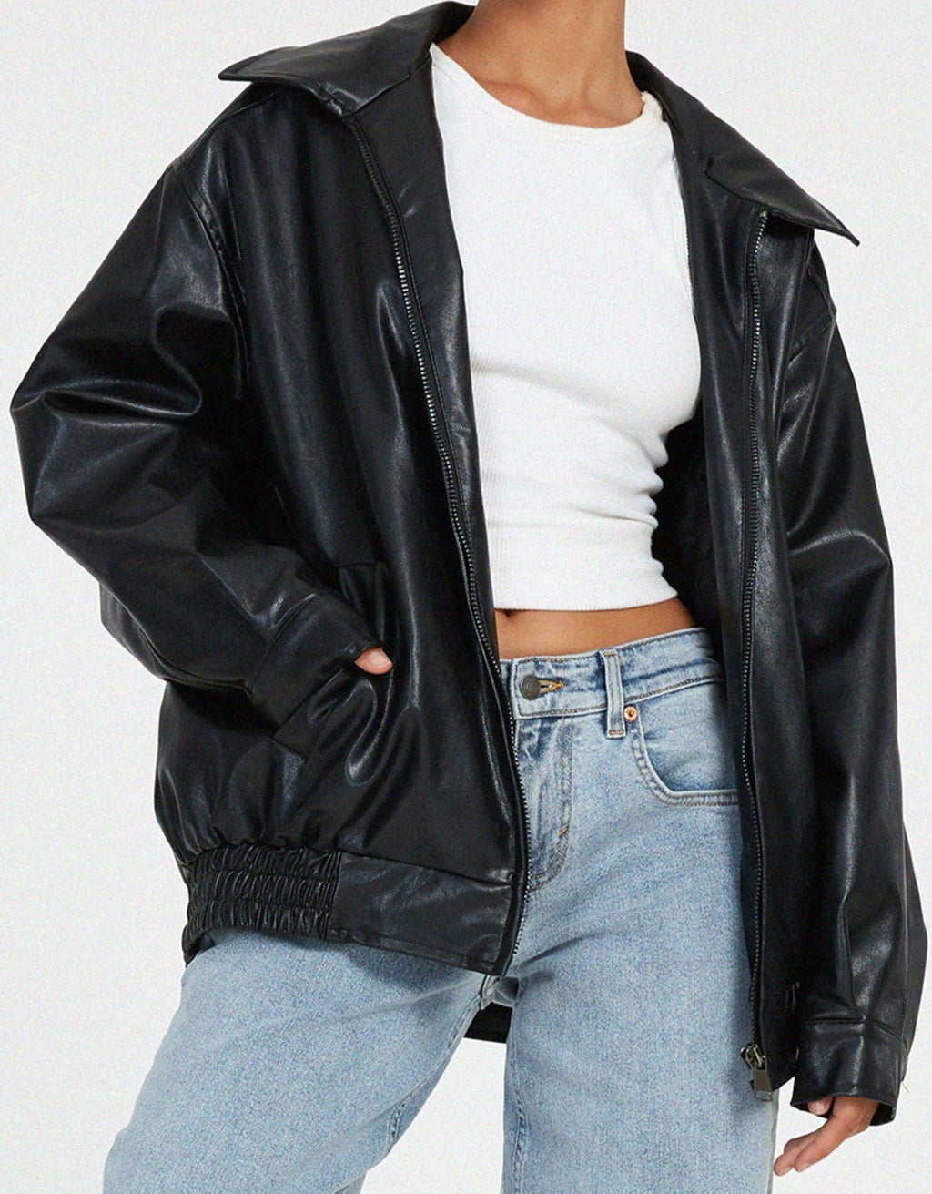 Bomber Jacket Faux Leather Women's Oversized Brown Zip Front – Casual, Holiday · Werune