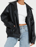 Bomber Jacket Faux Leather Women's Oversized Brown Zip Front – Casual, Holiday · Werune