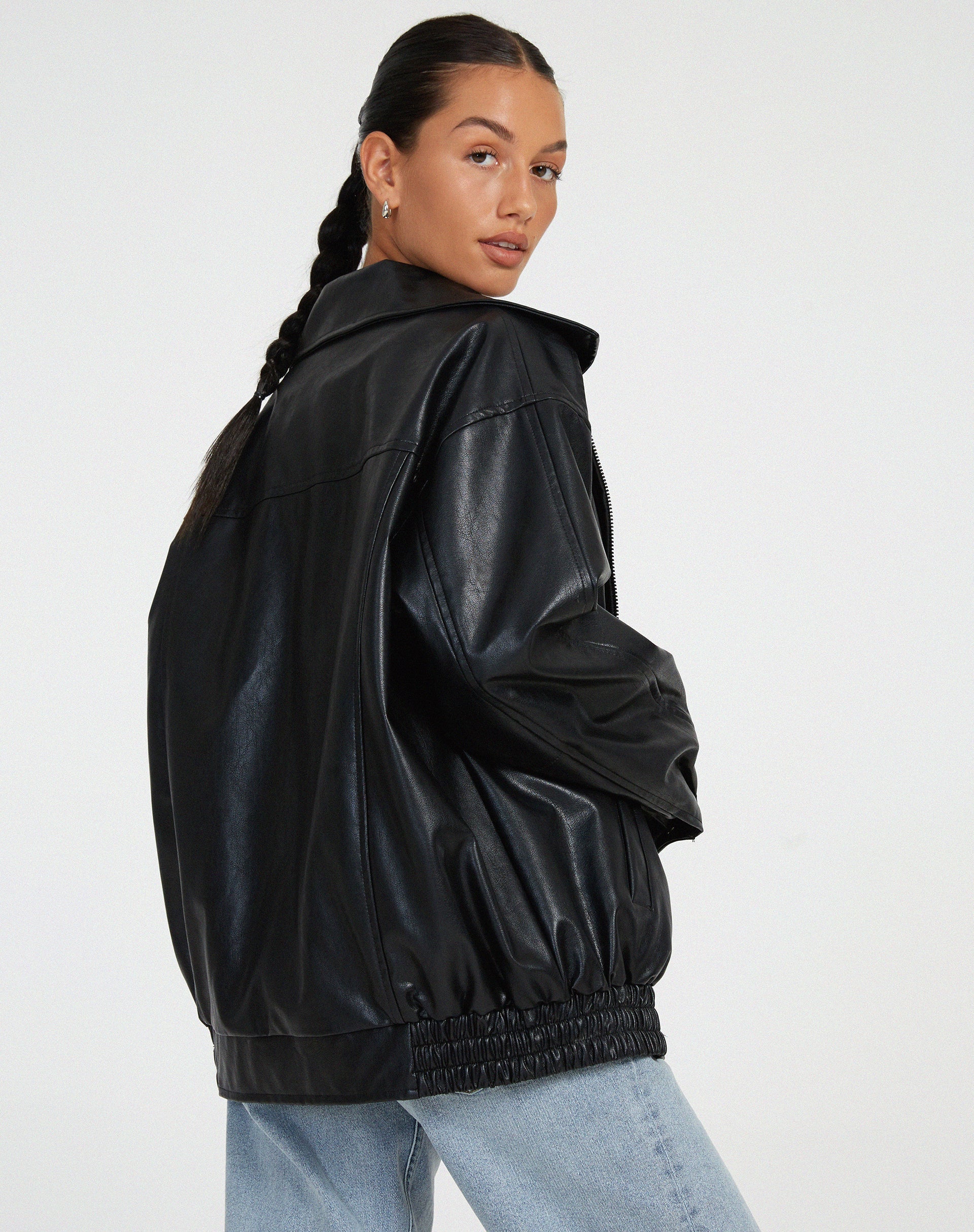 Bomber Jacket Faux Leather Women's Oversized Brown Zip Front – Casual, Holiday · Werune