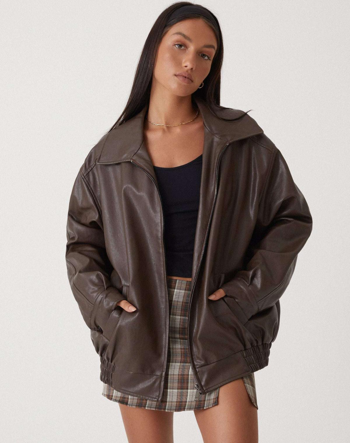 Bomber Jacket Faux Leather Women's Oversized Brown Zip Front – Casual, Holiday · Werune
