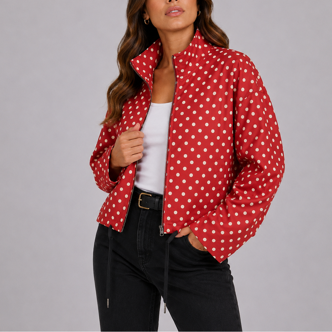 Bomber Jacket Navy Polka Dot Women's Stand Collar Zip-Up – Casual, Office, Holiday, Gift