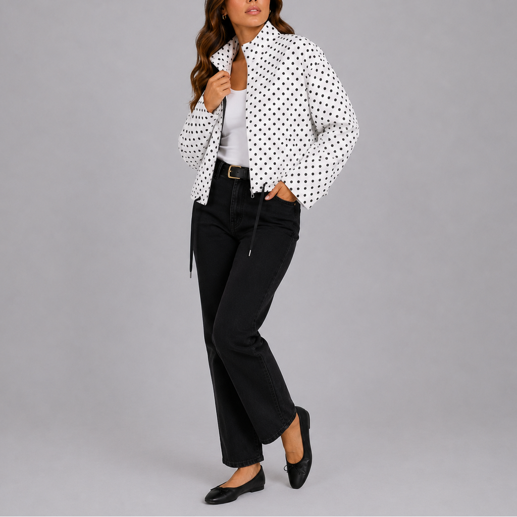 Bomber Jacket Navy Polka Dot Women's Stand Collar Zip-Up – Casual, Office, Holiday, Gift