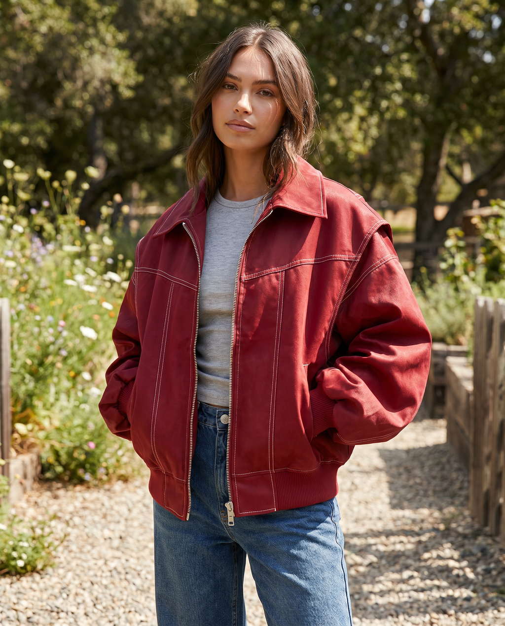 Bomber Jacket Oversized Burgundy Women's Zip-Up Collared – Casual, Holiday, Everyday Layering