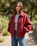 Bomber Jacket Oversized Burgundy Women's Zip-Up Collared – Casual, Holiday, Everyday Layering
